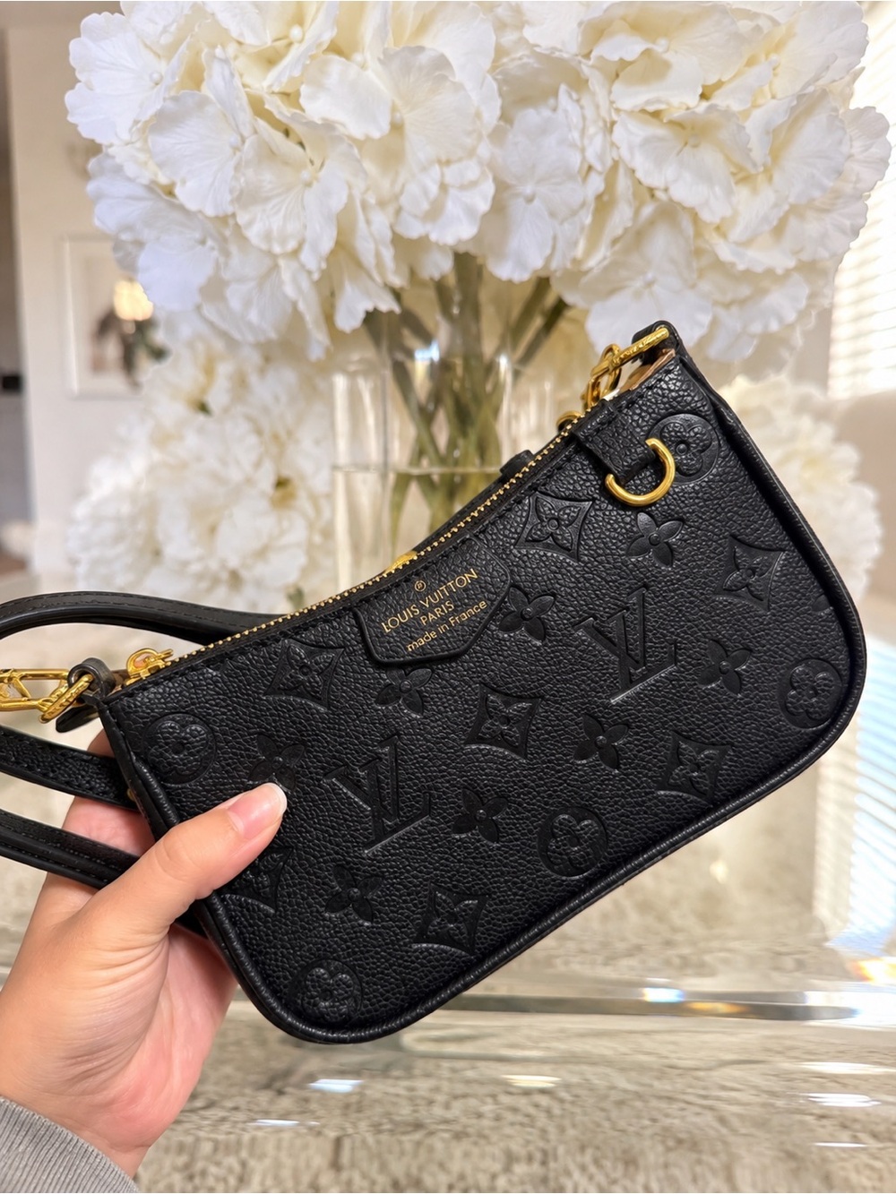 Designer Inspired Black Embossed Monogram Pochette with Gold Hardware
